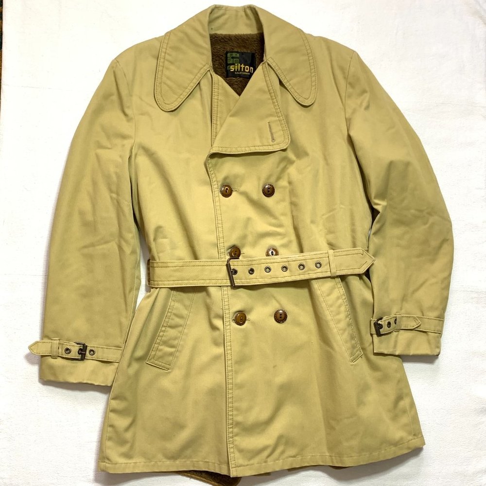 Vintage Silton California Canvas Sherpa Lined Belted Jacket Over Mens Size M tan